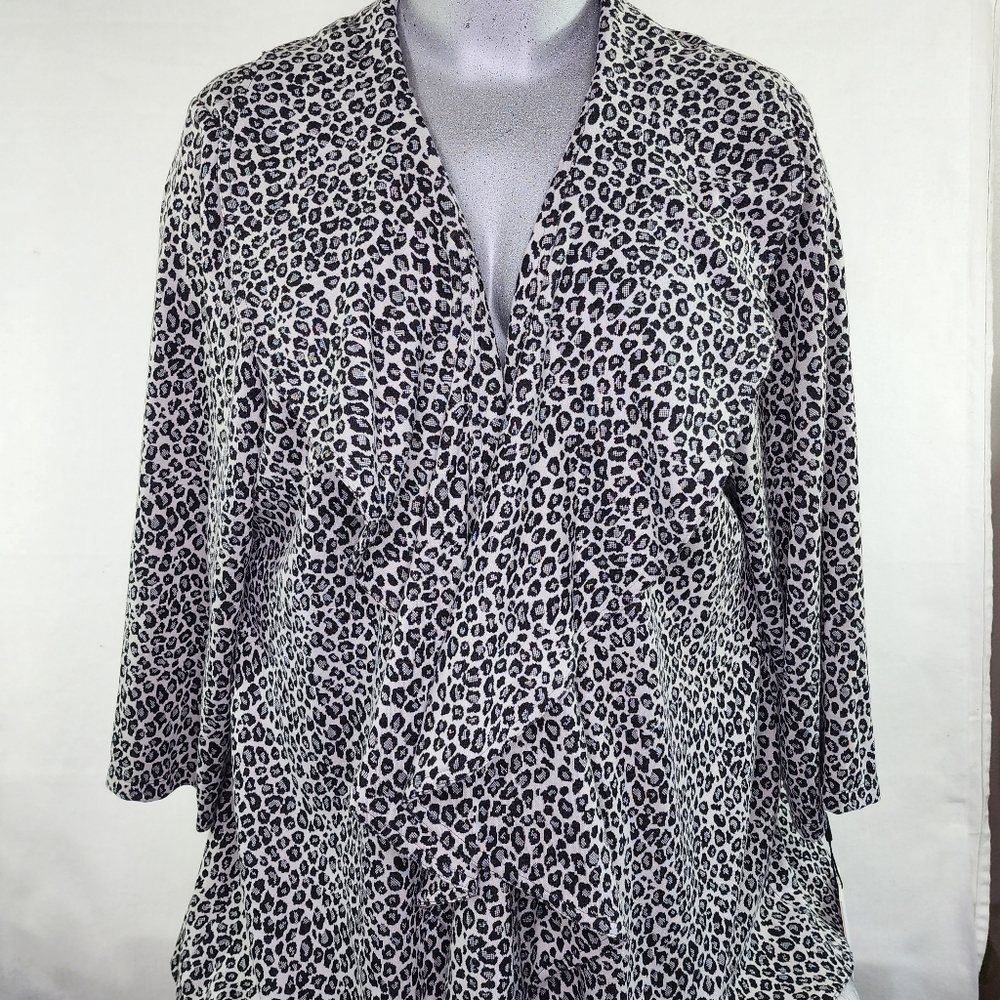 Calvin Klein Women's Cardigan Black Gray Leopard Sz. 24W Ruffle Open Shawl NWT